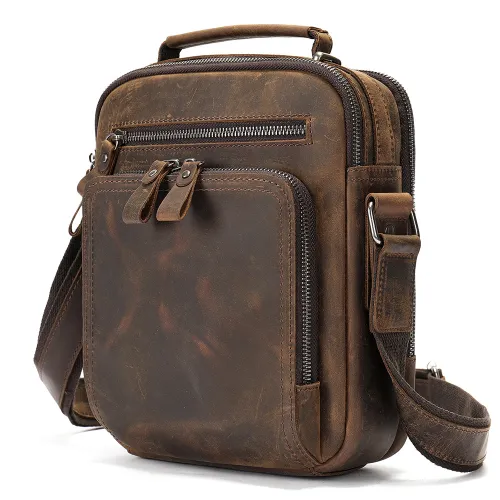 Genuine Crazy Horse Leather Men's Shoulder Messenger Bag – Retro Multi-Function Cowhide Bag